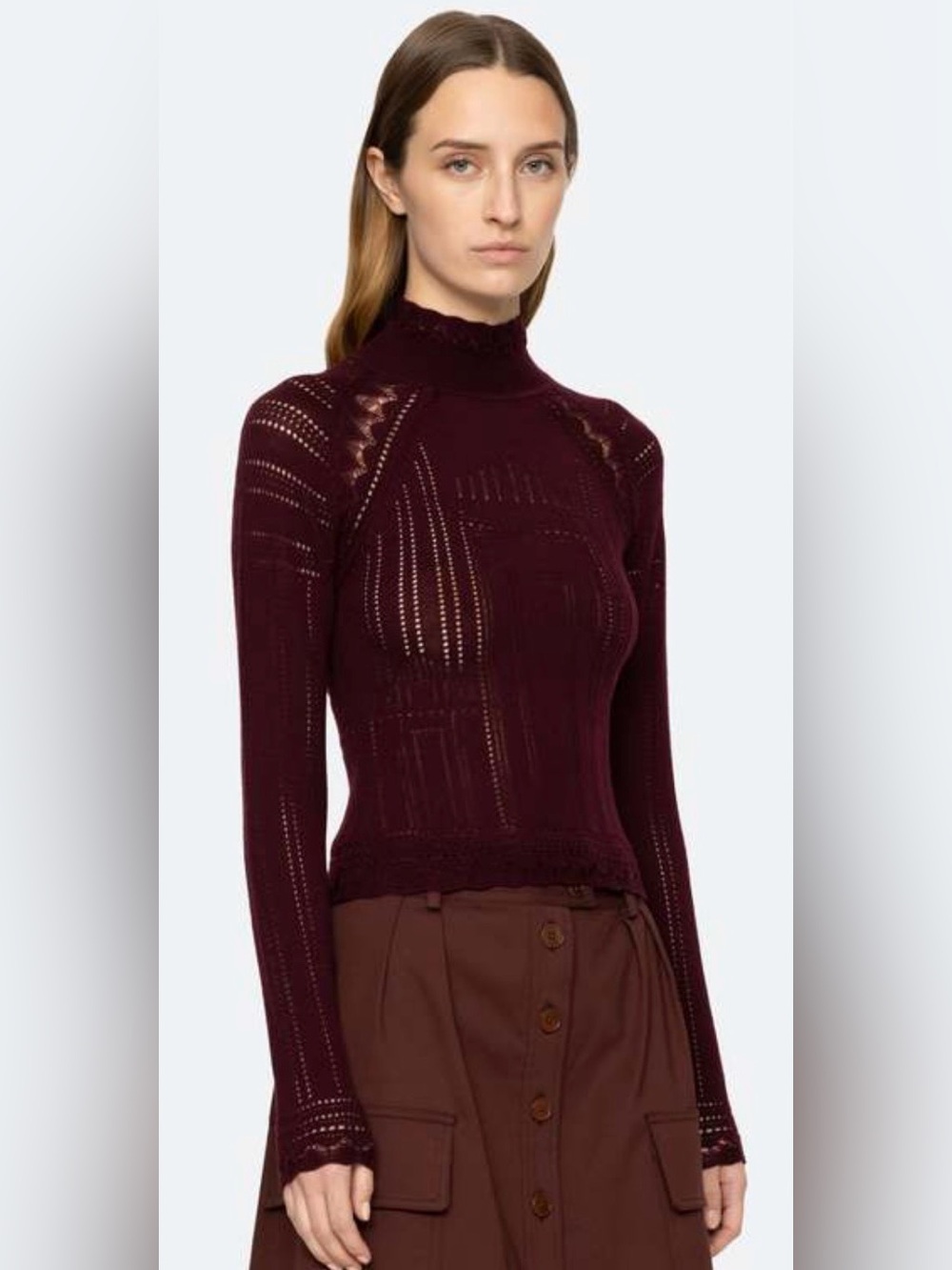 Sea New York Women’s XXS Burgundy Open-Knit Eyelet Turtleneck Wool Sweater‎